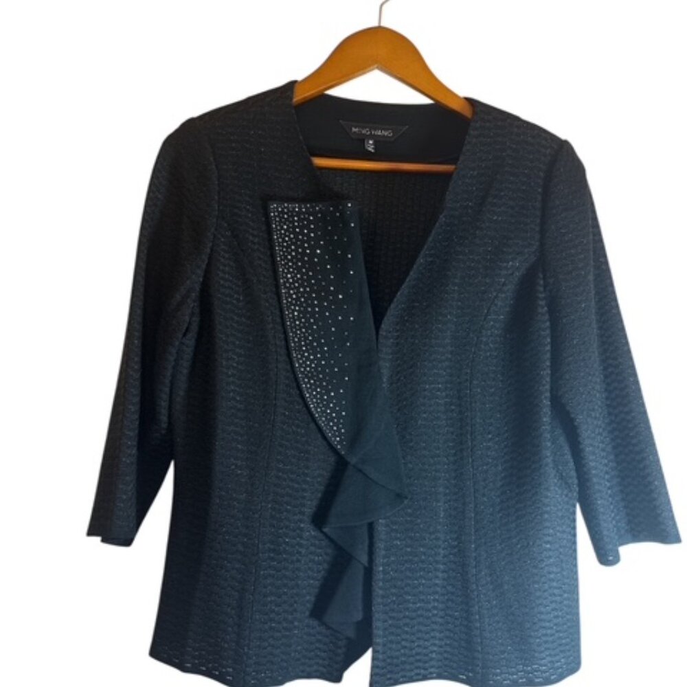 Ming Wang Blazer Jacket Women’s M Black Sparkle Hook Loop Stretch 3/4 Sleeve